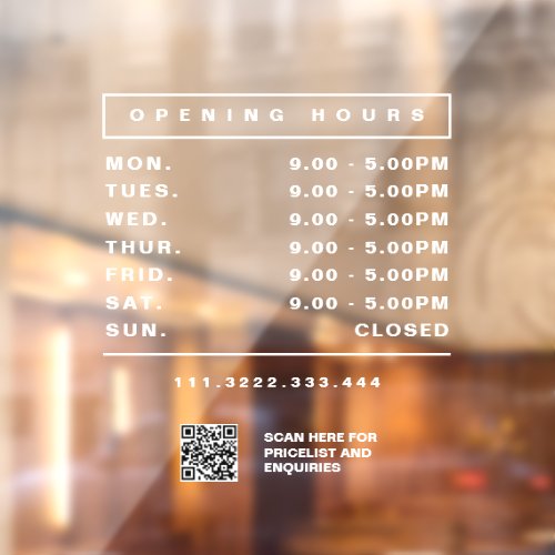 Shop Opening Hours Window cling