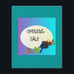 Shop Opening Sale> Flyer<br><div class="desc">A very colourful flyer advertising an opening sale for a womens shop, background colour of teal . Sign on top has an aqua mauve background. BlackText sits on White> reads" Opening sale " On Back> 15%off items, room for name of Shop and Times. pictures of clothing bags and shoes.</div>