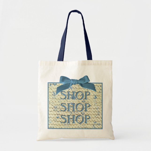 SHOP SHOP  SHOP  -  Hand Knit  - Cream and Blue Tote Bag (Front)