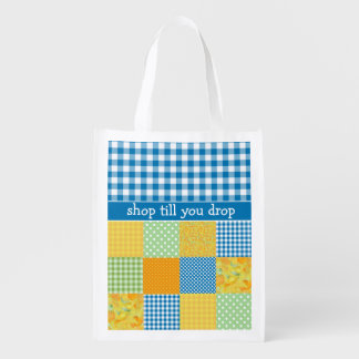 Shopping Bag: Faux Patchwork, Blue Check Gingham Grocery Bag