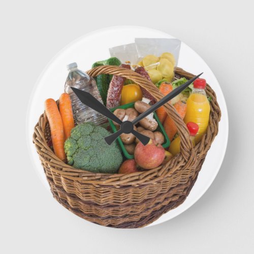 Shopping basket with foods fruits and vegetables round clock