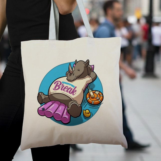 Shopping Break Funny Relaxed Rhino Pool Cartoon Tote Bag (Creator Uploaded)