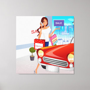Shopping Girl Wrapped Canvas Print