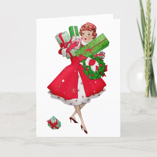 Shopping in High Heels  Girdle Vintage Christmas Holiday Card