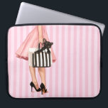 Shopping Laptop Sleeve<br><div class="desc">Stylish lady shopping with french bulldog puppy on stripy pink background. Painted by artist Maryline Cazenave.</div>