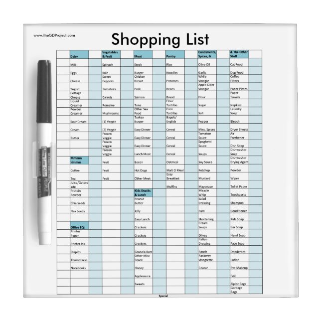 Shopping List Dry Erase Board (Front)