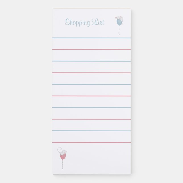 Shopping List Floating Balloon Mice Lined  Magnetic Notepad (Front)