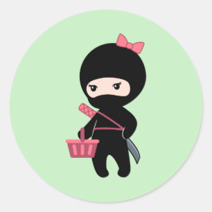 Shopping Ninja Girl on Green Classic Round Sticker