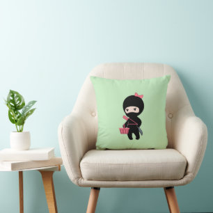Shopping Ninja Girl On Green Throw Pillow