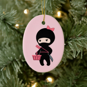 Shopping Ninja Girl on Pink Ceramic Ornament