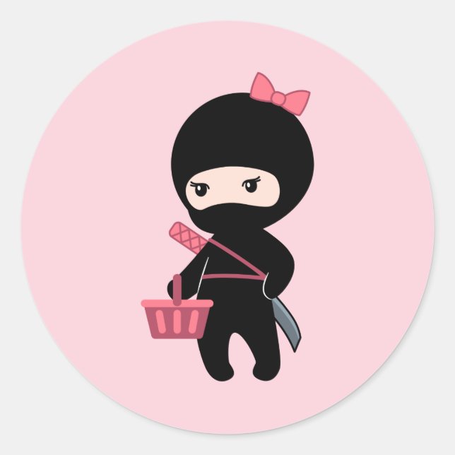 Shopping Ninja Girl on Pink Classic Round Sticker (Front)