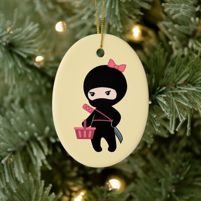 Shopping Ninja Girl on Yellow Ceramic Ornament (Tree)