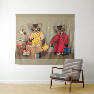 shopping tabby kitten and shopkeeper tabby kitten tapestry