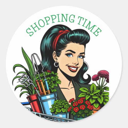 Shopping Time  Funny Retro Plant_Lovers Classic Round Sticker
