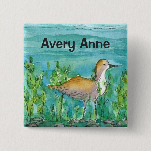 Shore Bird Lake Watercolor Custom Name Button (Front)