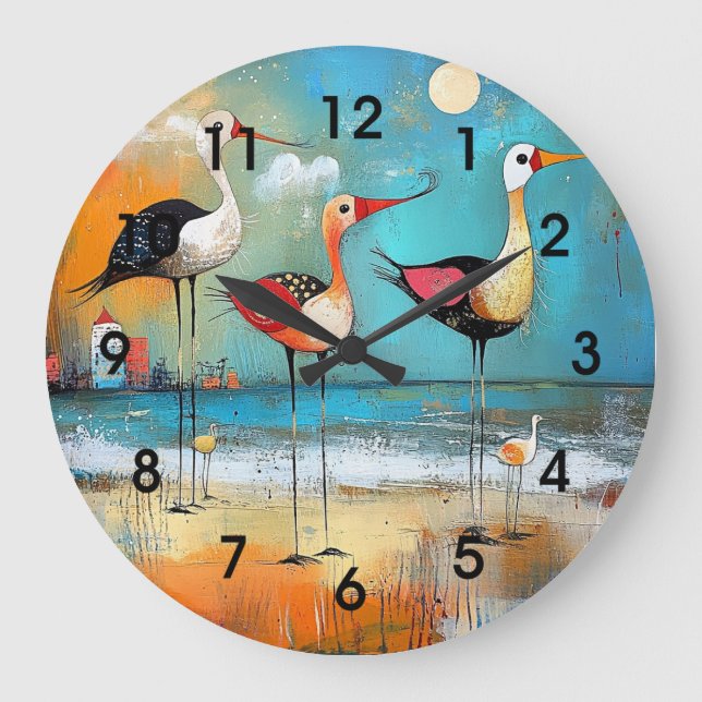 Shorebirds, whimsical illustration, large clock (Front)