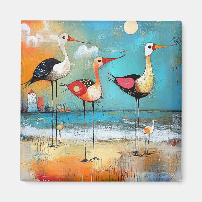 Shorebirds, whimsical illustration, magnet (Front)
