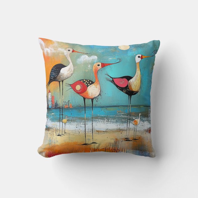 Shorebirds, whimsical illustration, throw pillow (Front)