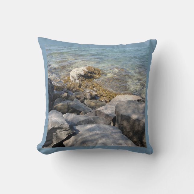 Shoreline Rocks with Cool Clear Water Throw Pillow (Front)