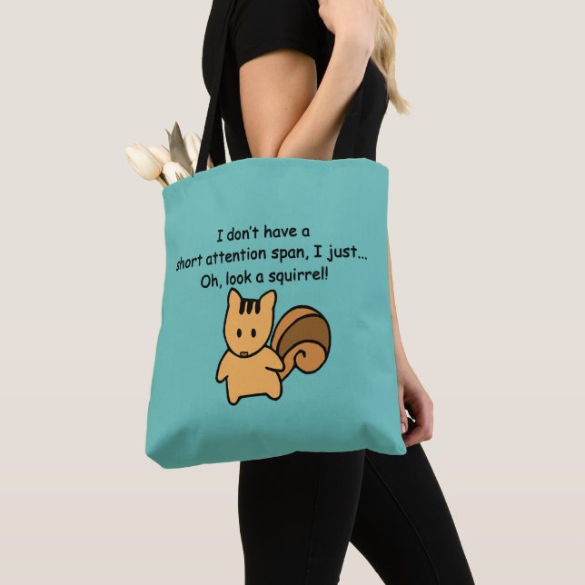 Short Attention Span Squirrel Funny Green Tote Bag (Close Up)