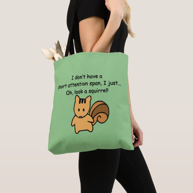 Short Attention Span Squirrel Green Tote Bag (Close Up)