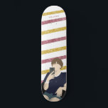 Short Hair Glitter Gold and Pink Skateboard<br><div class="desc">A cute flat illustration of short-haired girl in pink and gold glitter stripes background. Personalize it with your name.</div>