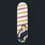 Short Hair Glitter Gold and Pink Skateboard<br><div class="desc">A cute flat illustration of short-haired girl in pink and gold glitter stripes background. Personalize it with your name.</div>