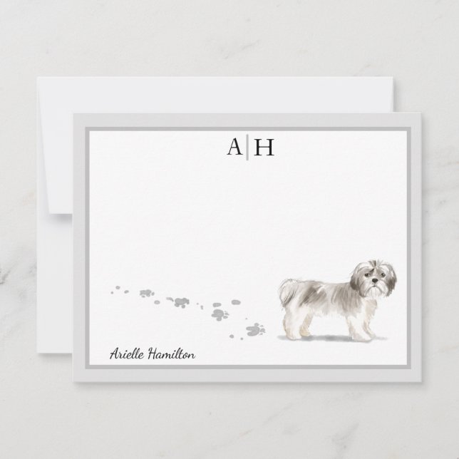Short Haired Shih Tsu Gray Border Monogram Custom Note Card (Front)