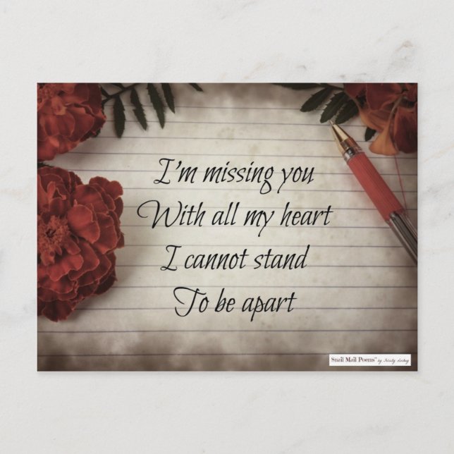 Short I Miss You Poem: Flowers, Paper and Pen Postcard (Front)