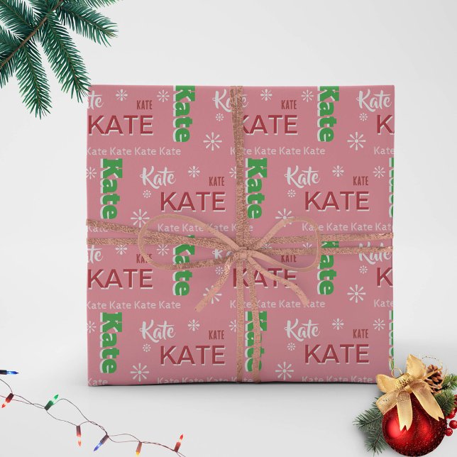 Short Name Typography Pink Christmas Personalized Wrapping Paper (name personalized wrapping paper christmas green white red pink custom typography design unique)