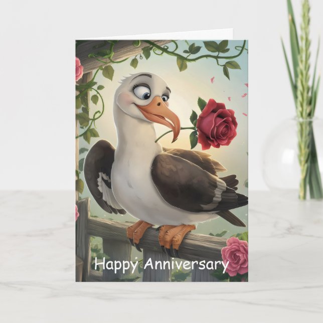 Short tailed albatross with rose in beak card (Front)