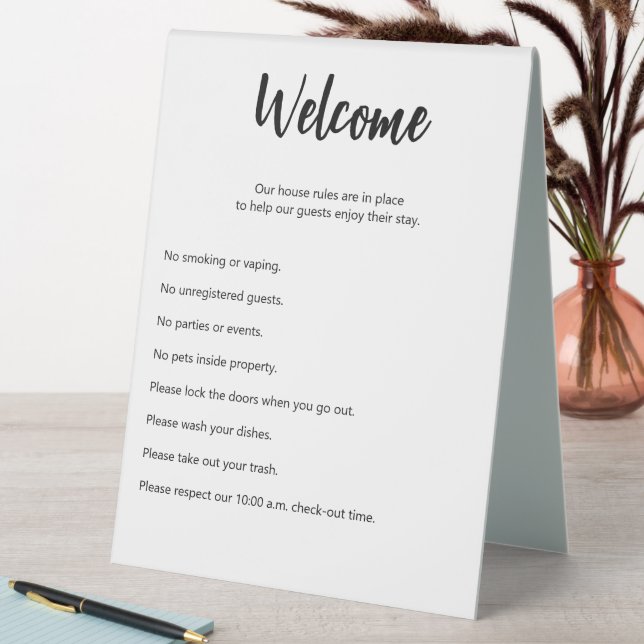 Short-term Rental House Rules Black White Template Table Tent (In SItu (Table))