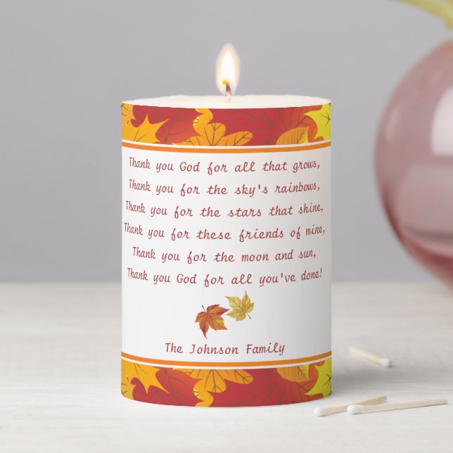 Short Thanksgiving Prayer Personalized Pillar Candle (In Situ)