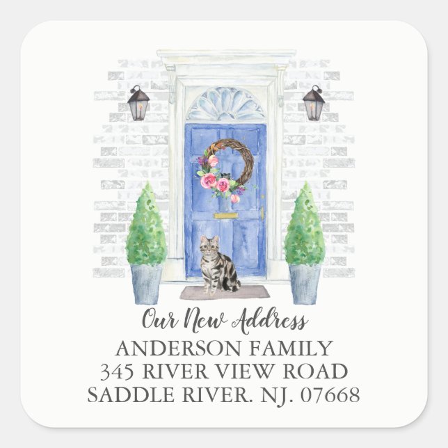 Shorthair Cat Blue Door New Address Label Sticker (Front)