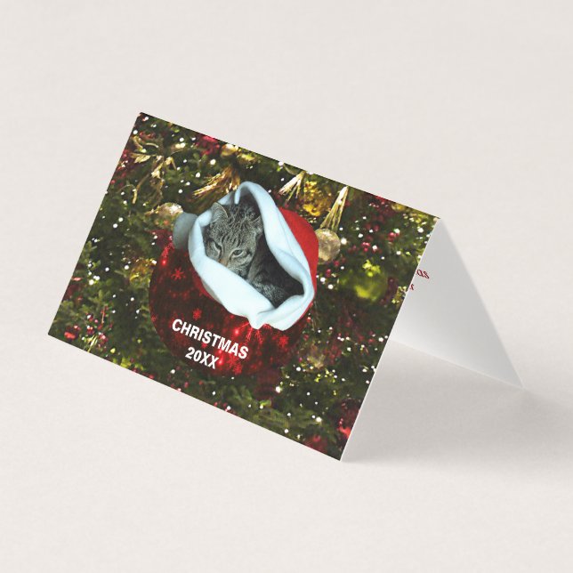 Shorthair Gray Cat in Red Santa Hat Christmas 20XX (Front)