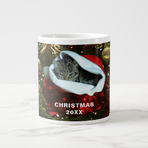 Shorthair Gray Cat Red Santa Hat Christmas 20XX Giant Coffee Mug