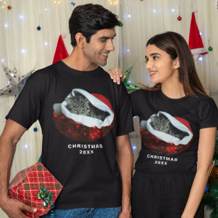 Shorthair Gray Cat Red Santa Hat Christmas Unisex  T-Shirt