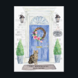 Shorthair Tabby Cat Moving Announcement Postcard<br><div class="desc">Announce your new address with our stylish announcement featuring a American Shorthair Brown Tabby,  blue front door,  welcome mat,  slate sign,  topiaries and a floral wreath set on a gray brick background.</div>