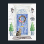 Shorthair Tabby Cat Moving Announcement Postcard<br><div class="desc">Announce your new address with our stylish announcement featuring a American Shorthair Brown Tabby,  blue front door,  welcome mat,  slate sign,  topiaries and a floral wreath set on a gray brick background.</div>
