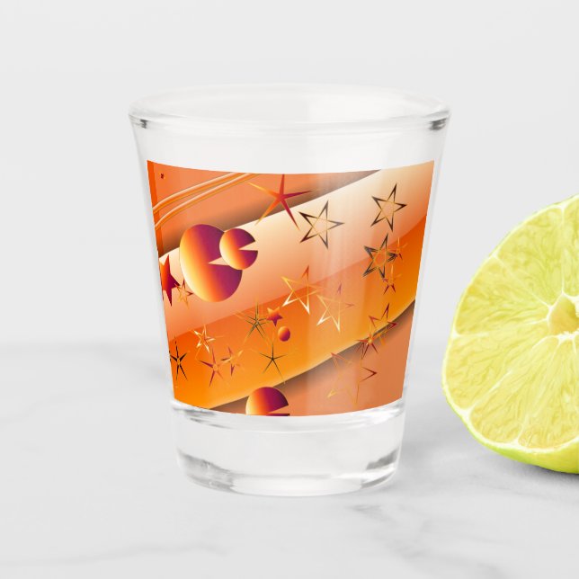 Shot Glass with Orange Stars Abstract Design  (Front)