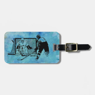 Shot on Net Hockey Ink Sketch on Blue Watercolor Luggage Tag