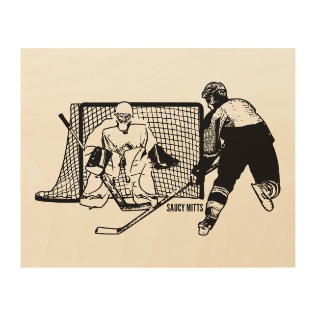 Shot On Net Hockey Player Ink Sketch Wood Wall Art (Front)