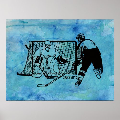 Shot On Net Hockey Sketch on Blue Watercolor Poster