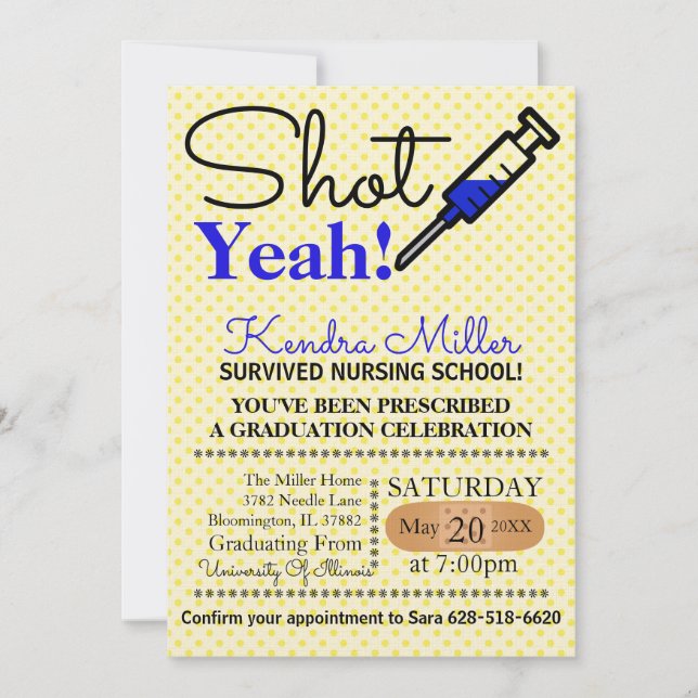Shot Yeah! Blue Nursing School Graduation Invite (Front)