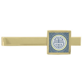 Shou Chinese Longevity Symbol - Blue And Yellow Gold Finish Tie Clip by teakbird at Zazzle