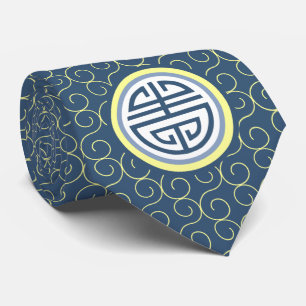 Shou Chinese Longevity Symbol - Blue and Yellow Neck Tie