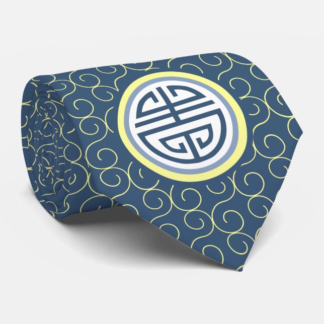 Shou Chinese Longevity Symbol - Blue and Yellow Neck Tie (Rolled)