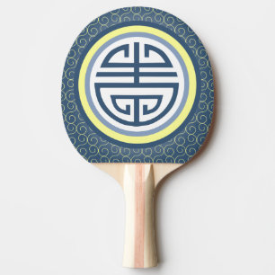 Shou Chinese Longevity Symbol - Blue and Yellow Ping-Pong Paddle