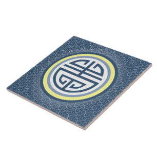 Shou Chinese Longevity Symbol - Blue and Yellow Tile