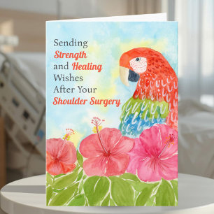 Shoulder Surgery Healing Scarlet Macaws, Hibiscus Card